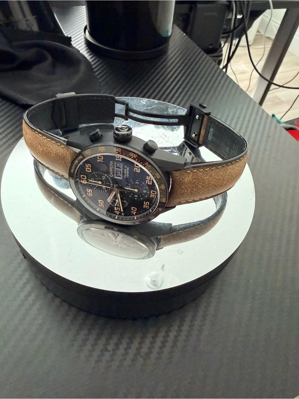 Tag Heuer Blue Dial Chronograph with Brown Leather Strap and Black Rubber Extras